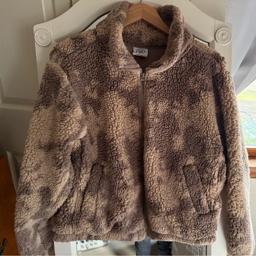 Sage Collective Womens Jetsetter Cropped Teddy Jacket Dune Camo Tie Dye L Brown